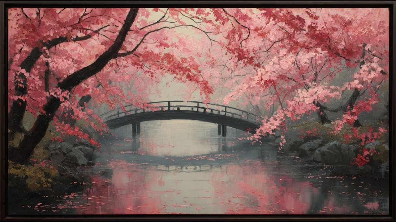 Cherry Blossom Bridge in Spring | Peaceful Japanese Sakura River Scene | Frame TV Art 4K Screensaver