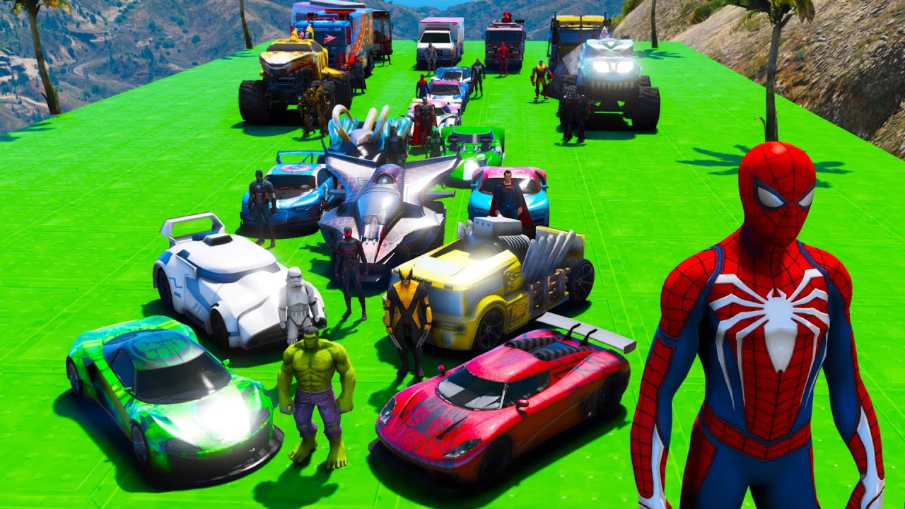 Challenge GTA V Superhero Cars racing Spidermna Hulk helicopter Hot Wheels collection car mods