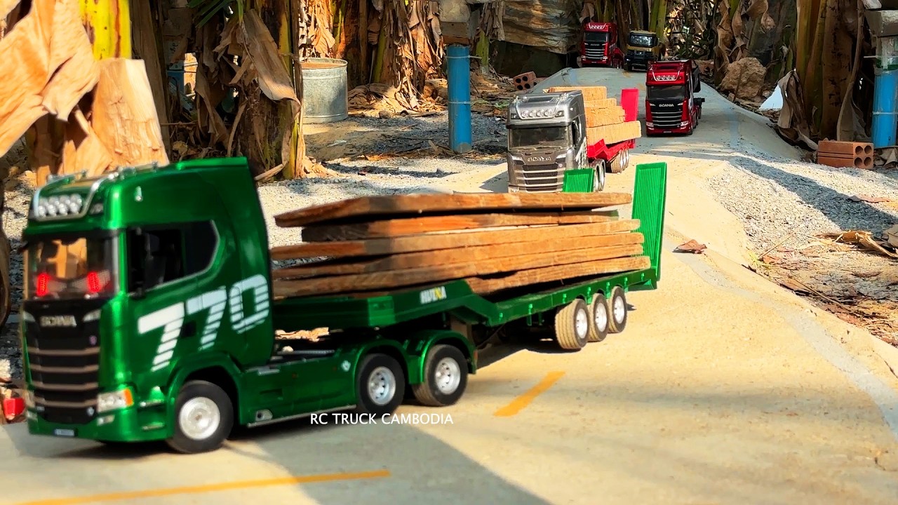 Amazing rc transport wood by huina scania 770 and truck 1536 - hunia 1501 green and huina 770 red