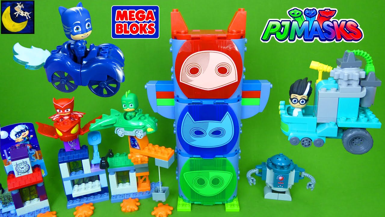 LOTS of PJ MASKS Mega Bloks Toys HQ Set Cat Boy Gekko Cars Toy Unboxing Video for Kids Toddlers!