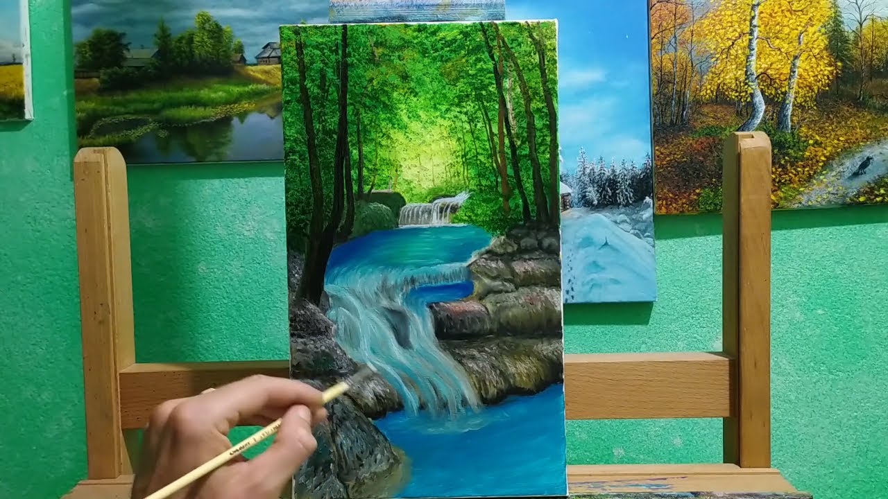Водопад в лесу маслом часть 1 |как рисовать водопад|для начинающих|Waterfall in the forest with oil