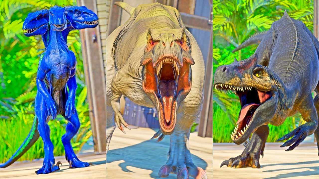 Albino T-REX vs I-REX vs Three Head INDORAPTOR vs New ALLOSAURUS Dinosaurs Fighting - Jurassic World