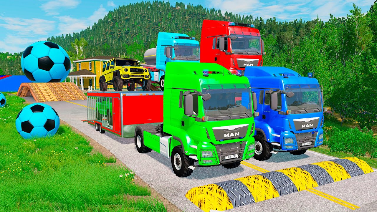 Triple Flatbed Trailer McQueen Transportation with Truck - Speedbumps vs Cars vs Train - BeamNG 0118