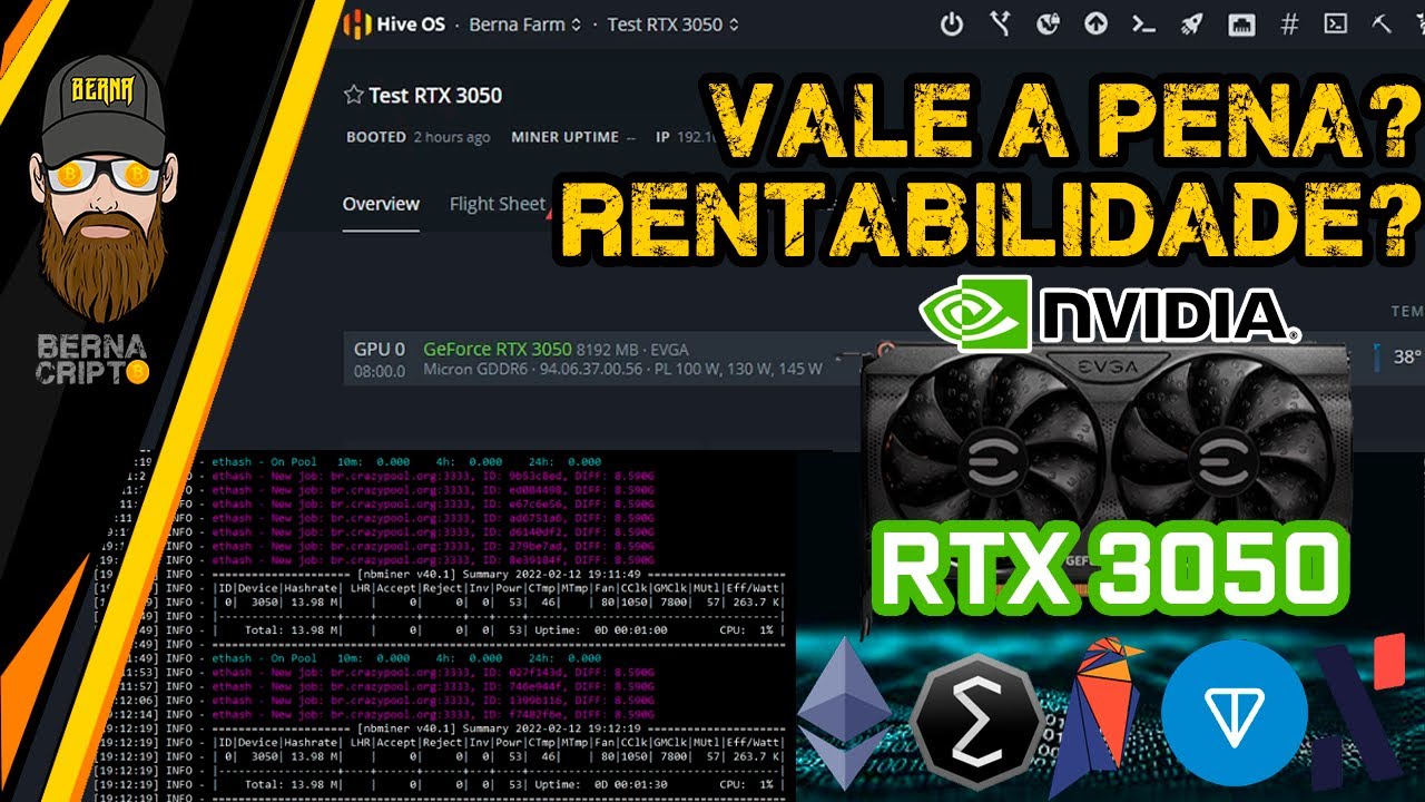 RTX 3050 HASHRATE, OVERCLOCK on ETHEREUM, ERGO, RAVENCOIN, TONCOIN, ALEPHIUM - BERNA CRIPTO