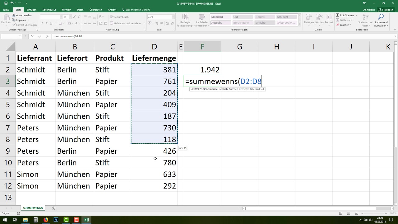 Excel SUMMEWENN und SUMMEWENNS Funktion bilden [mehrere Kriterien gleichzeitig, Bedingungen]