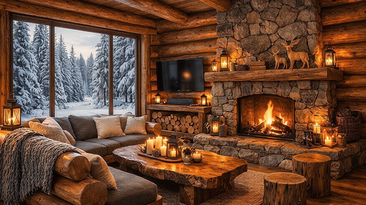 🔥Relaxing Music by Fireplace ❄️Cozy Winter Ambience with Falling Snow #051