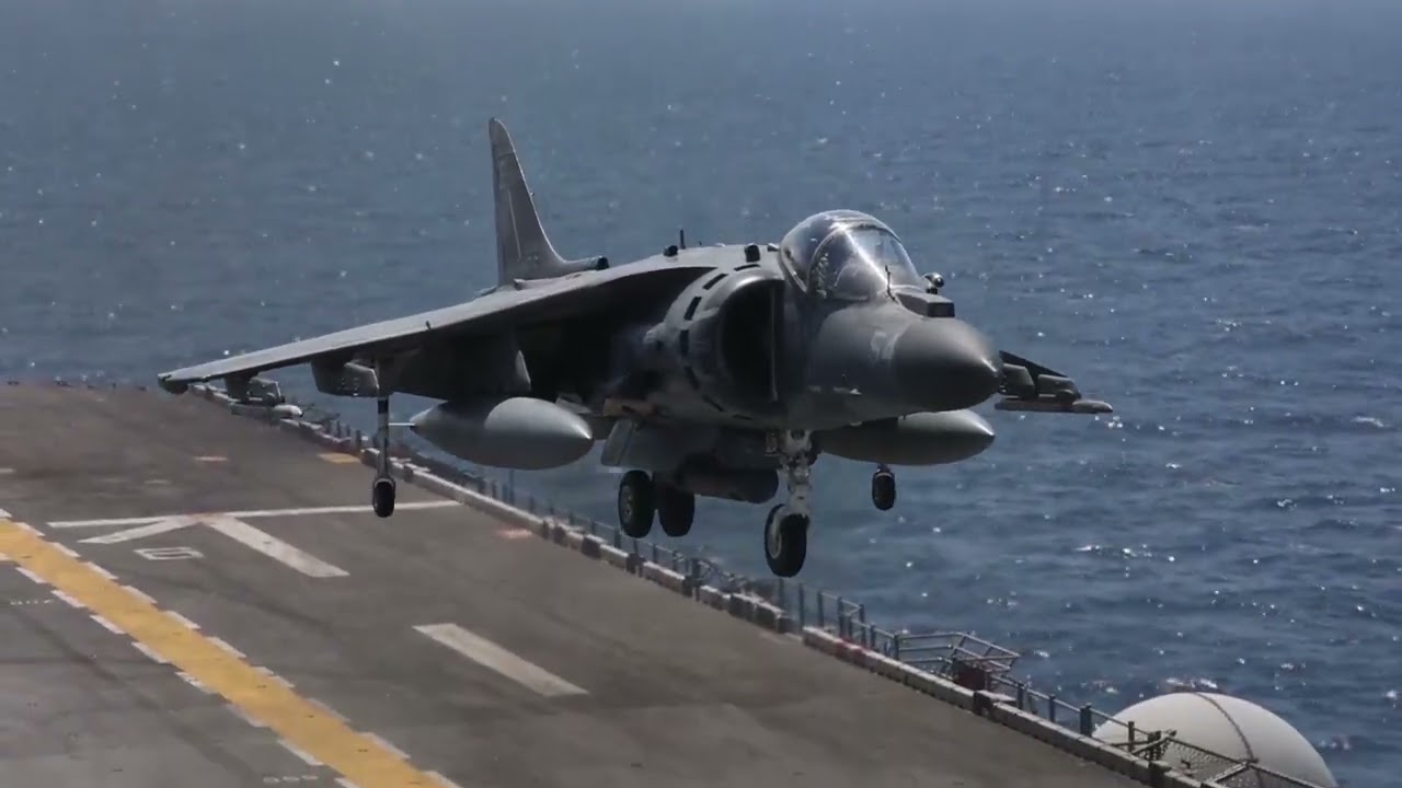 Harrier Fighter Jets Land on Amphibious Carrier USS Iwo Jima