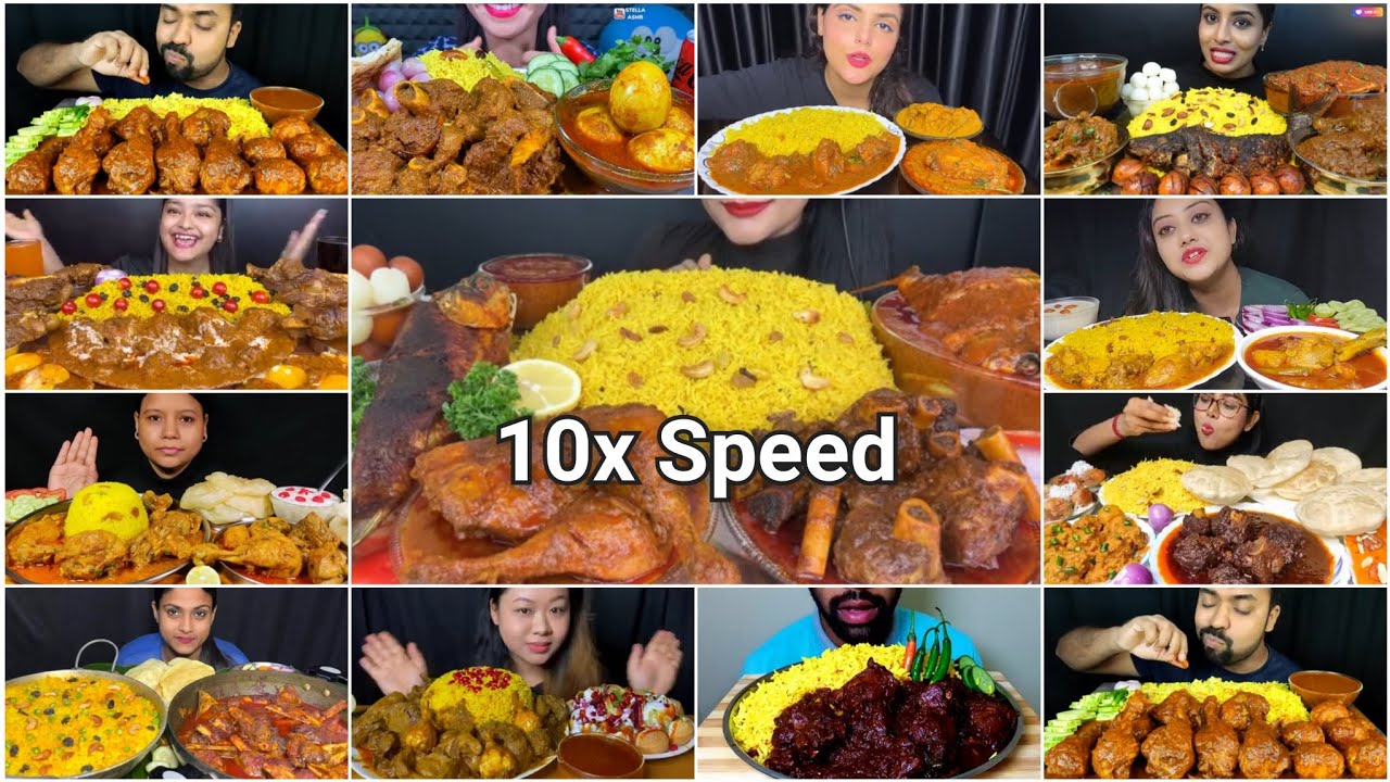 ASMR Eating 🔥 Basanti Pulao, Chicken Curry, Mutton Curry & Salad | Indian Food Mukbang | Big Bites