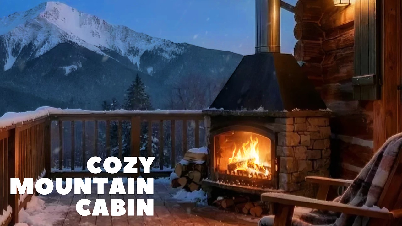 Cozy Winter Cabin by the Mountains ❄ Fireplace & Snow Night Ambience