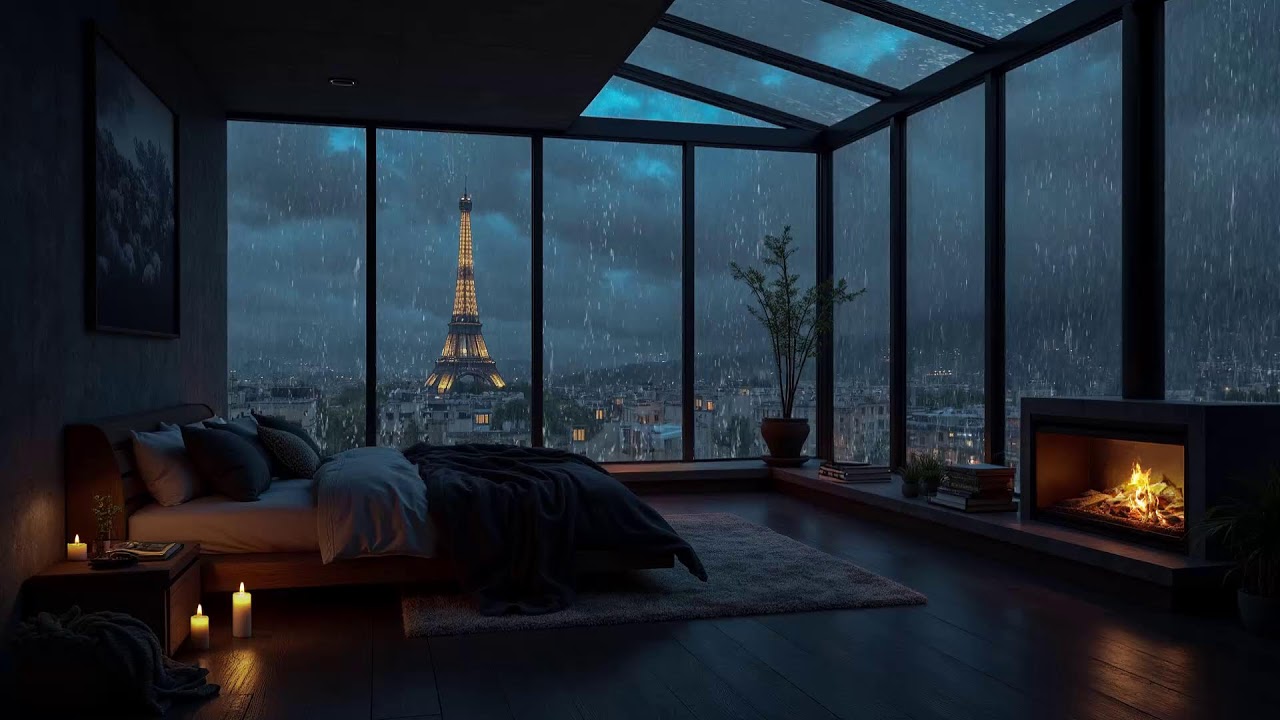 Rainy Night Falling Over the At NYC City 🌧️Fireplace Crackling & Rain Sounds for Sleeping, Focus