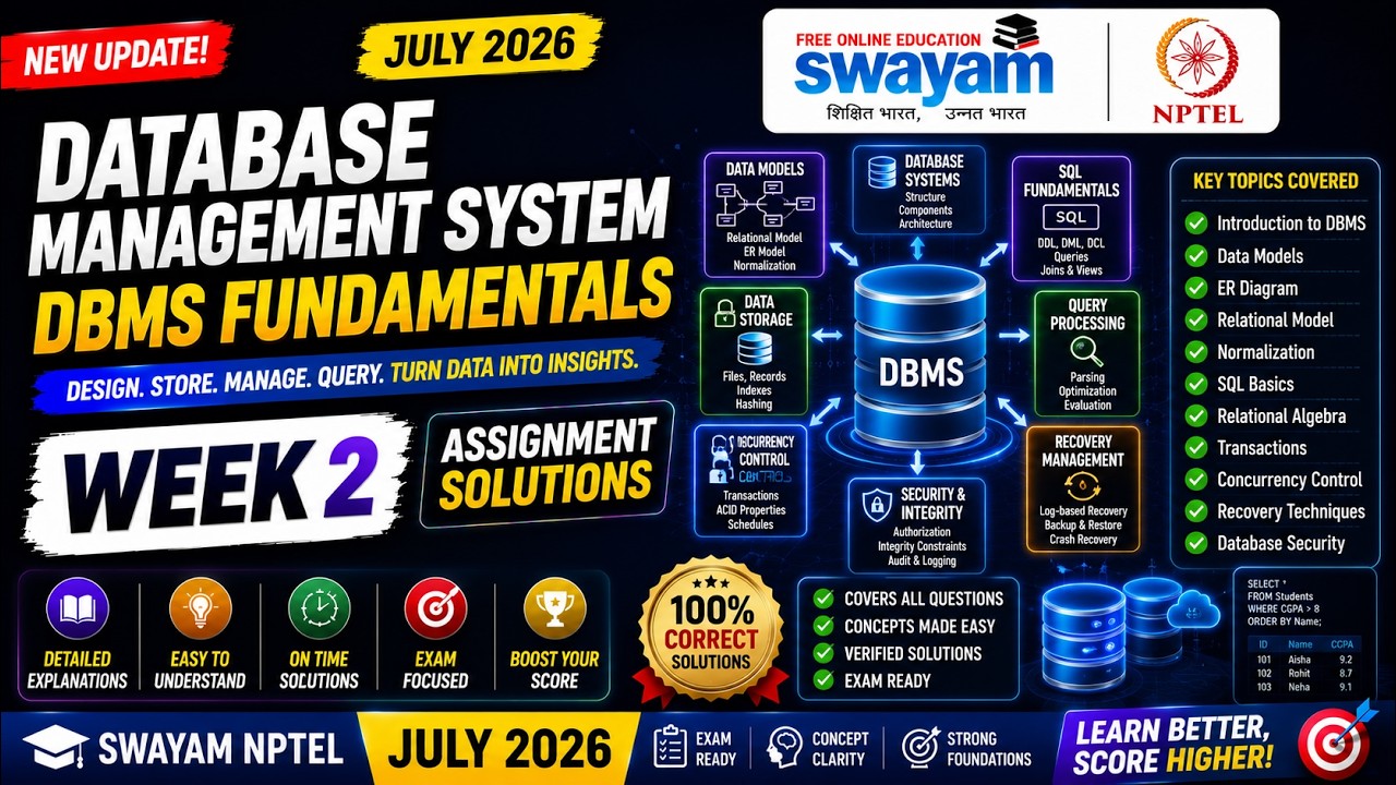 Database Management System (DBMS) Week 2 Assignment Answers 2026 | NPTEL July 2026 | 100%