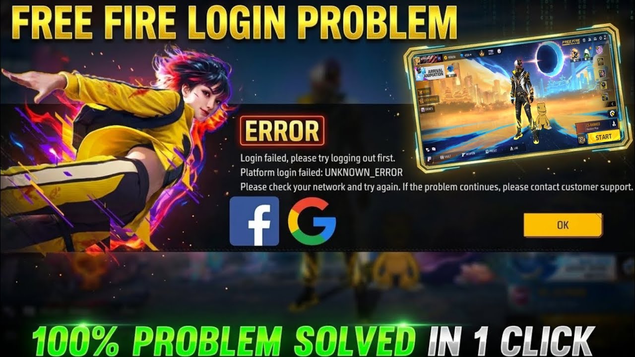 free fire login failed please try logging out first/Google login problem/Facebook logging problem/ff