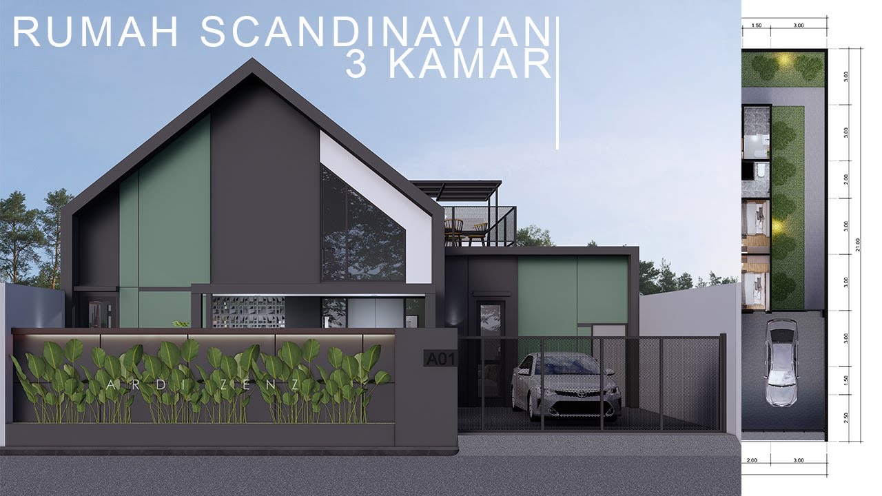 Desain Rumah Minimalis 1 Lantai Scandinavian Modern | 3 Kamar Tidur | Roof Top | Kolam Ikan
