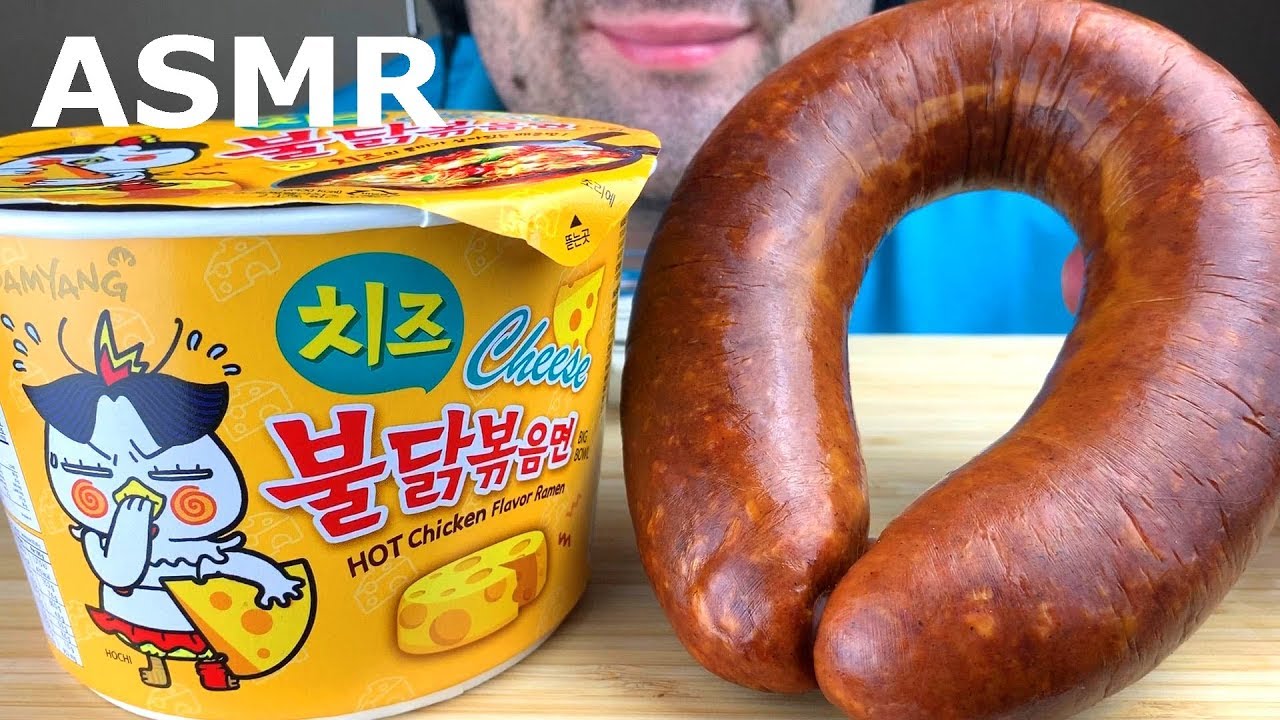 ASMR SAUSAGE & CHEESY SPICY FIRE NOODLES | KOREAN CHEESE NOODLE MUKBANG (EATING SOUNDS)