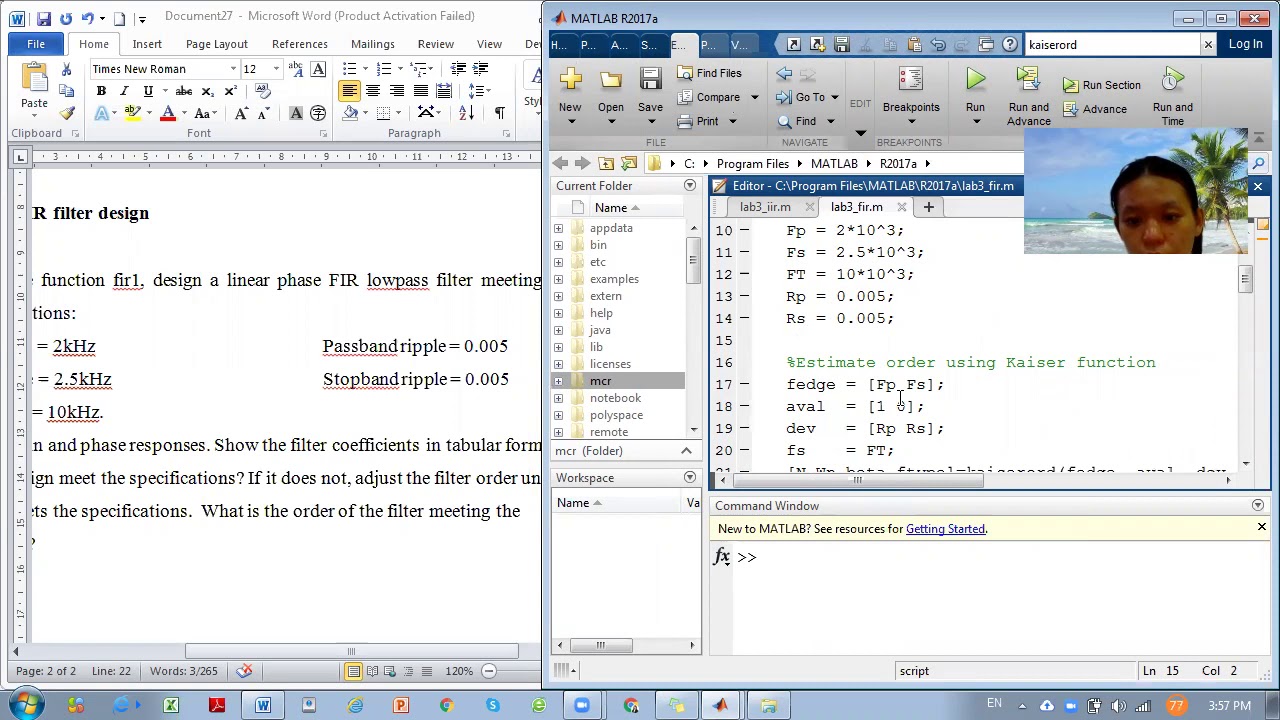 Signal Processing Matlab - FIR Filter Design -Eg Kaiser Window