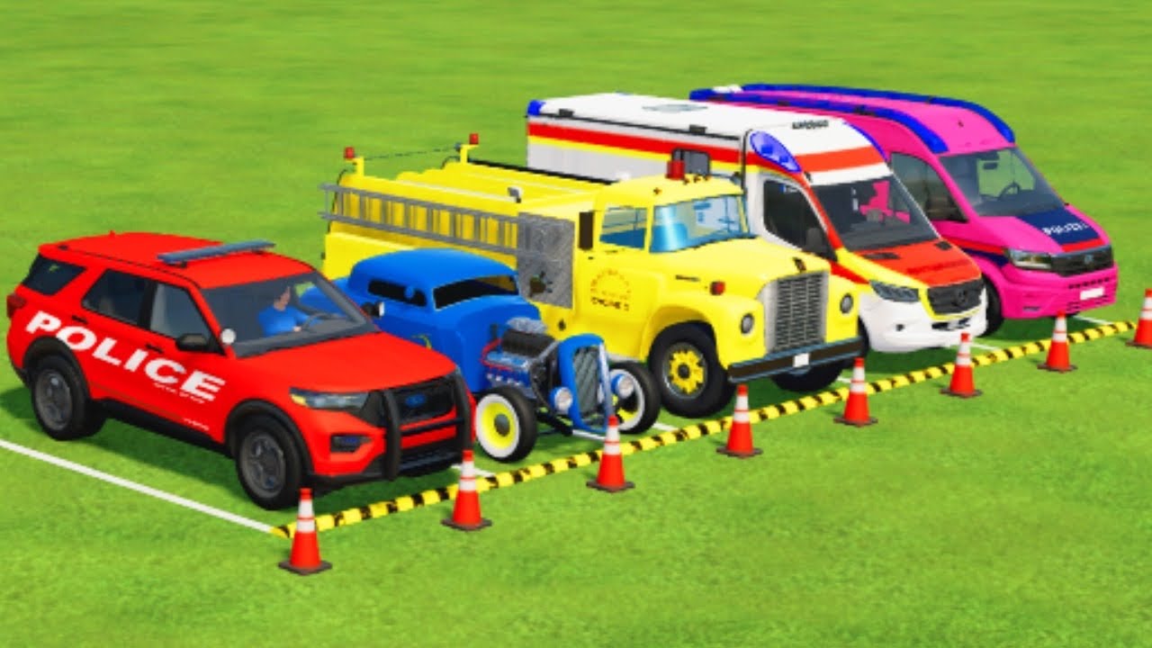 TRANSPORTING CARS, AMBULANCE, POLICE CARS, FIRE TRUCK, MONSTER TRUCK OF COLORS! WITH TRUCKS! - FS 22