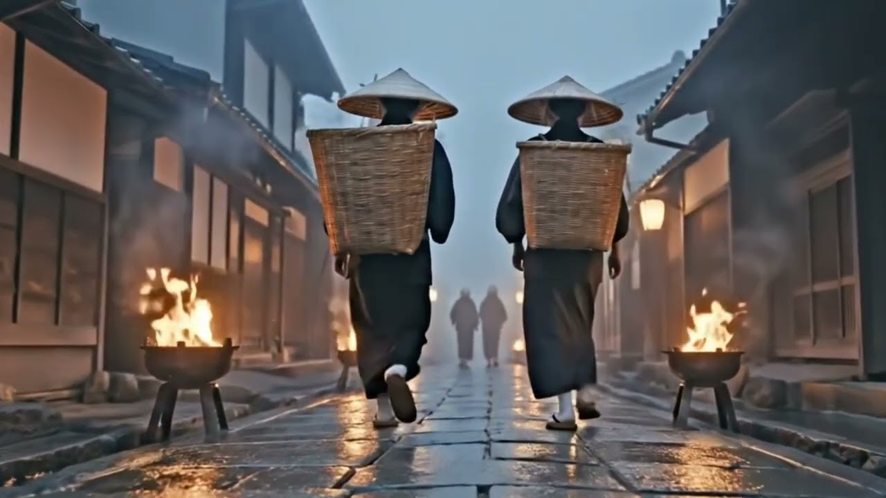 雨の朝、江戸の街を歩く｜AI生成