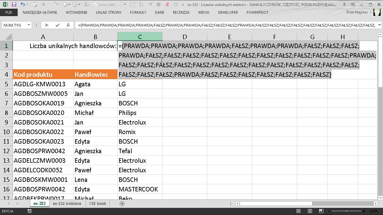excel-232 - Liczenie unikalnych wartości - SUMA.ILOCZYNÓW, CZĘSTOŚĆ, PODAJ.POZYCJĘ