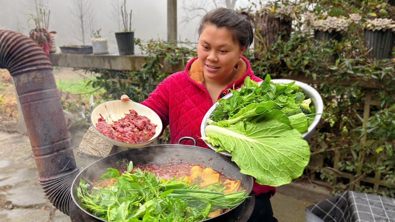 今天摘些蔬菜做个又麻又辣的牛肉火锅 Pick some vegetables and make a spicy beef hotpot