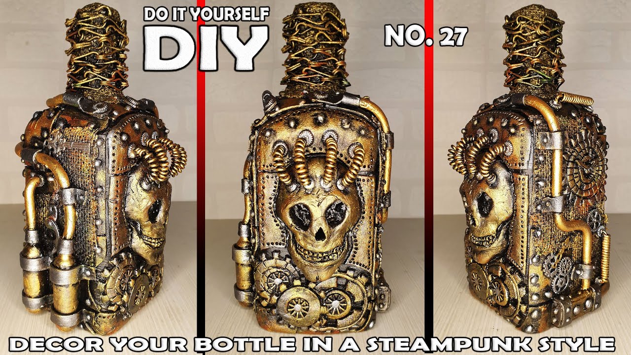 #27 / Glass Bottle Art Using Clay / Home Decor /Steampunk