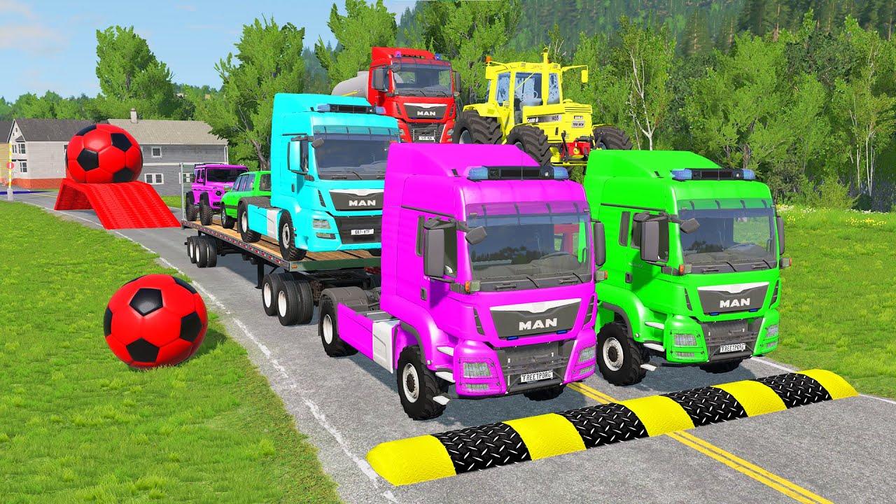 Triple Flatbed Trailer McQueen Transportation with Truck - Speedbumps vs Cars vs Train - BeamNG #