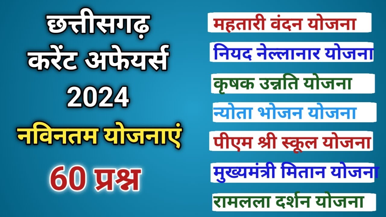 छत्तीसगढ़ करेंट अफेयर्स 2024 | CG POLICE BHARTI MCQ | CG GK MCQ | CGPSC, VYAPAM, HOSTEL WARDEN, ADEO
