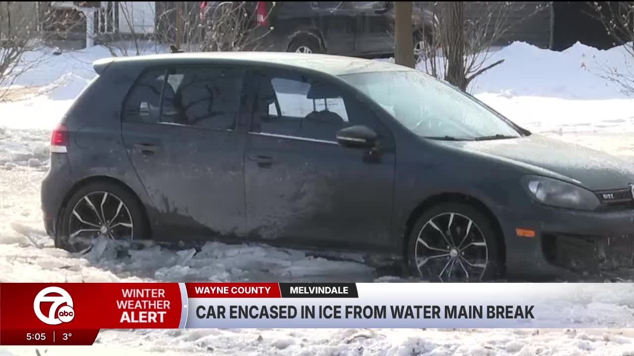 Melvindale water main break encases car in ice