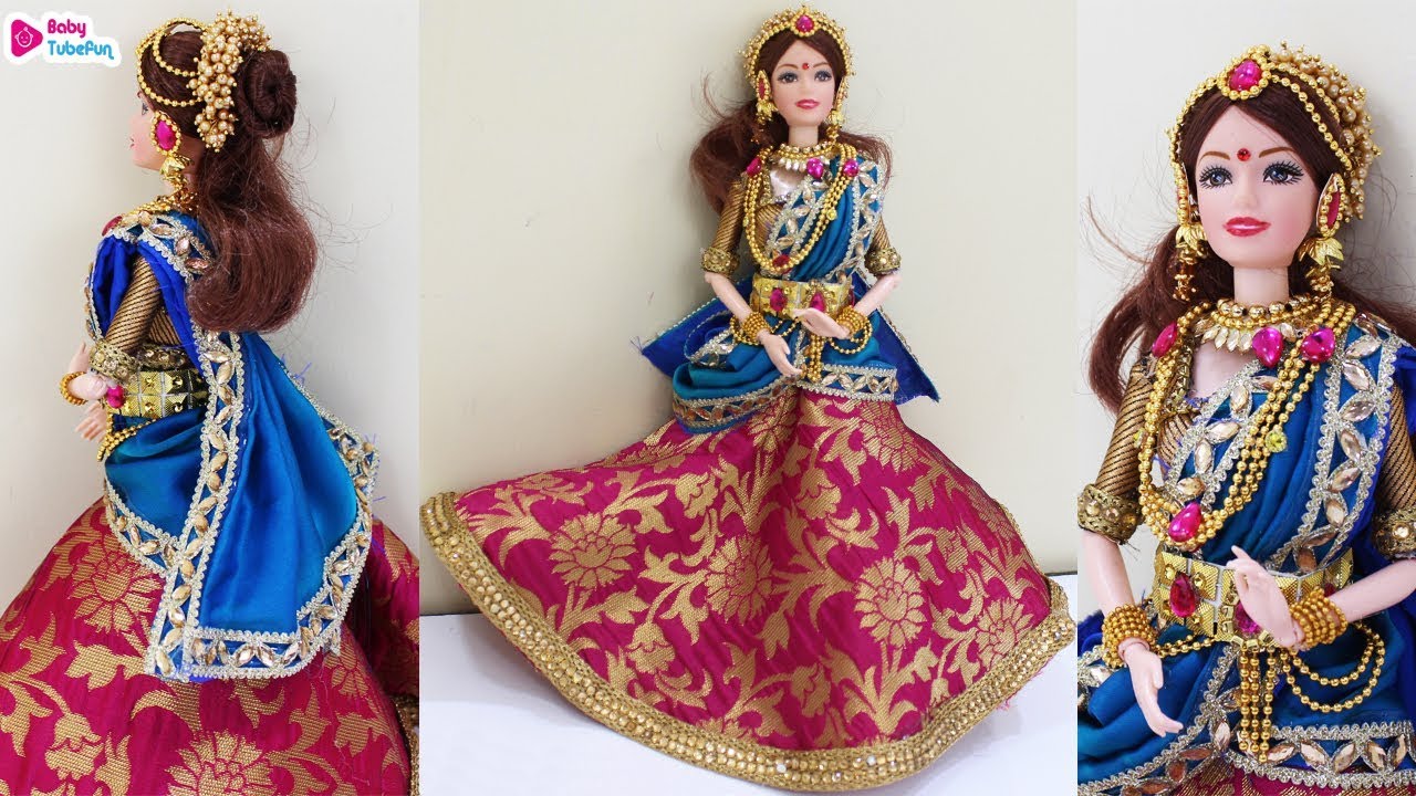 Barbie Doll Lehenga in Indian Princess, decorate a barbie doll in indian bridal dress and jewellery