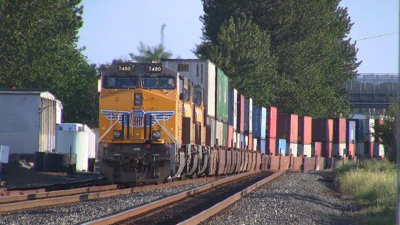 Amtrak Cascades passing ZLCBR at Labish siding - Salem, Oregon 5.14.13
