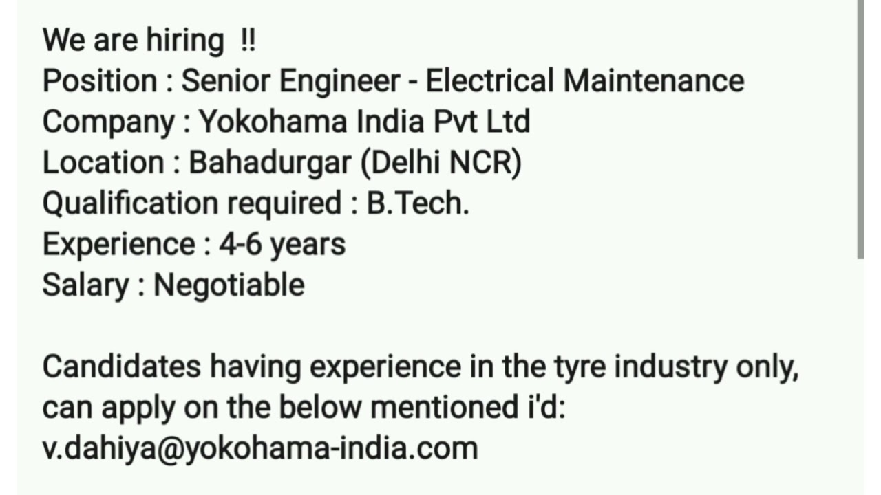 We Are Hiring | Yokohama India Recruitment | Senior Engineer Electrical Maintenance | B.Tech Job