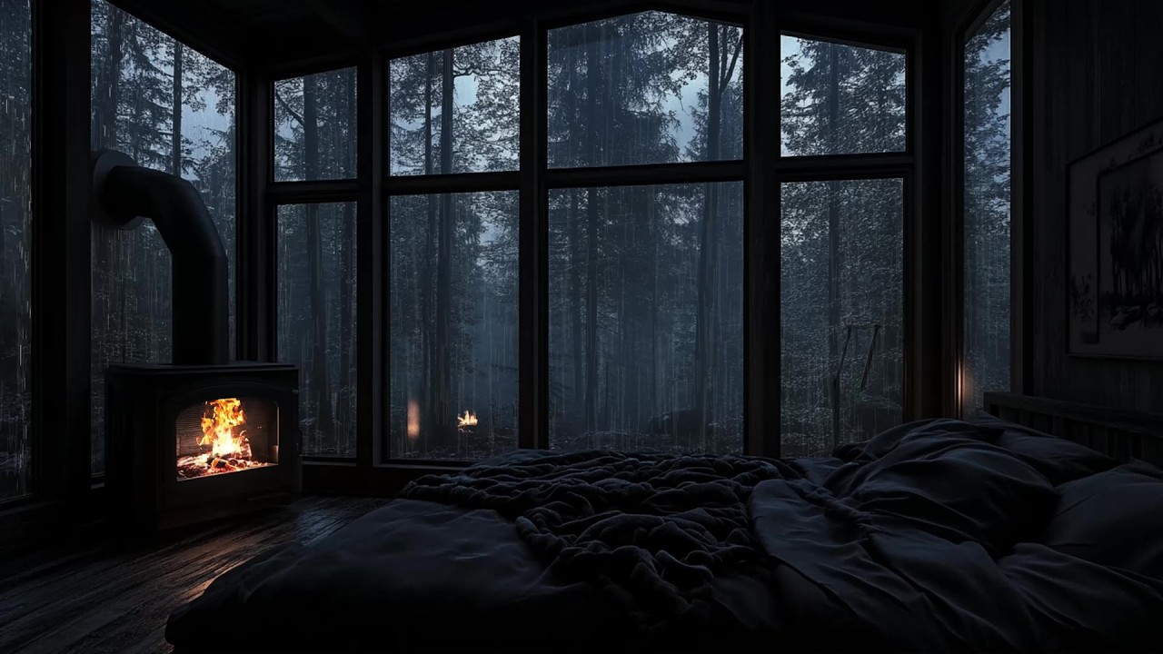 🎹 Soft Rain Piano Fireplace | Moody Forest Window Scene | Deep Study Focus, Relaxation & Sleep Music