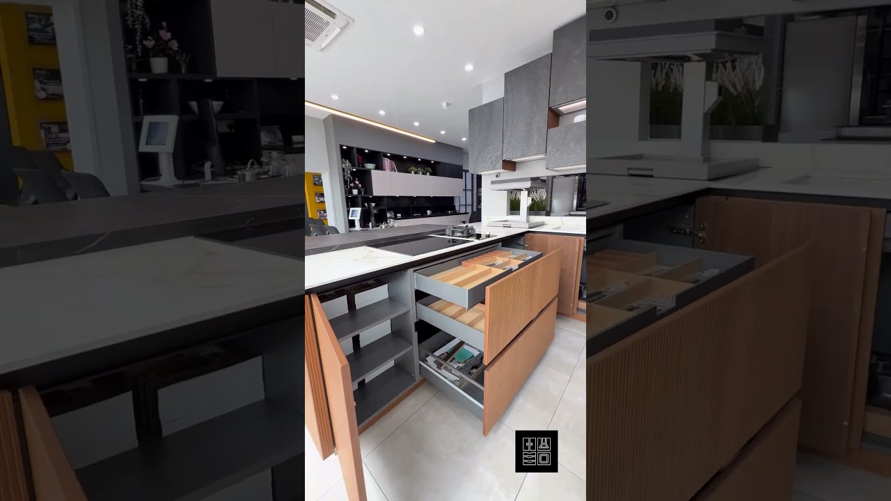 Ex Display Hacker Elegant Walnut Fluted & Glass Door Kitchen with Peninsula