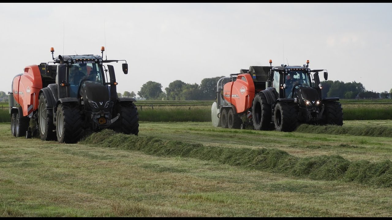 2X Black Valtra & Kuhn. Baling! Grolleman Hasselt pers ronde balen met 2x zwarte Valtra en Kuhn pers