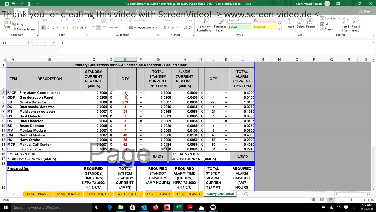 درس حساب ال Voltage drop و قدرة بطارية لوحة انذار الحريق Fire alarm control panel