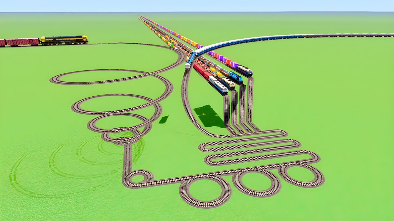 💝CRAZY SIX TRAINS CROSSING UTURN🎢 CURVE CIRCLE TRACK RAILROAD RAILWORK BEANG DRIVE 