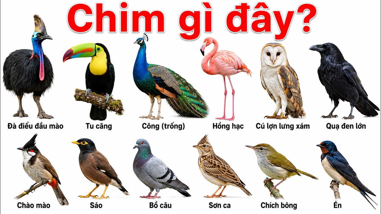 Chim Gì Đây? Bé Học Tên Các Loài Chim, Chim sáo, Chim Sơn ca, Chim chích bông, Chim hồng hạc,...