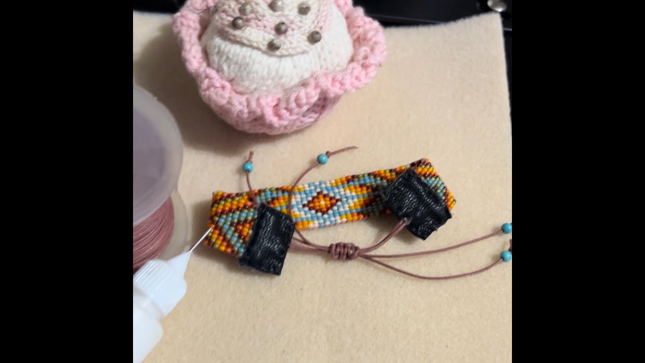 how to finish a Native American seed bead loom bracelet with traditional hand made leather clasping
