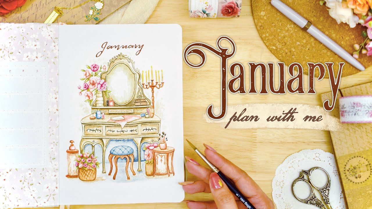 January 2025 Bullet Journal Setup + GIVEAWAY! &bull; PLAN WITH ME 🪞 Vintage Vanity Theme with Watercolors