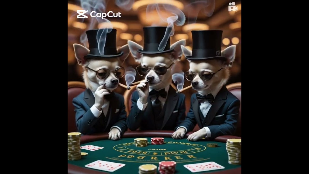 Stylish Chihuahuas play poker in suits and top hats. A fun and classy casino moment! Kokoneuro