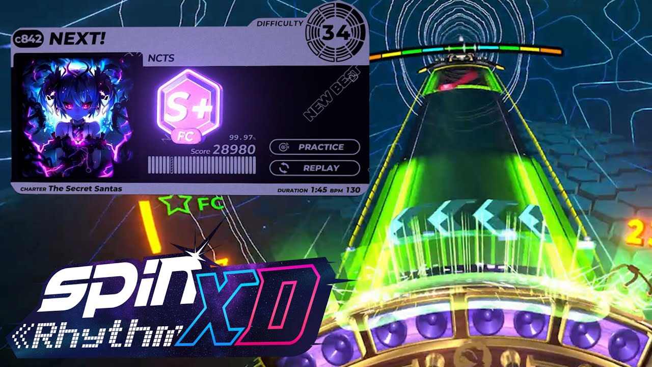 Spin Rhythm XD - NEXT! by NCTS (custom chart) XD DIfficulty 34, one away from a PFC run!!!!