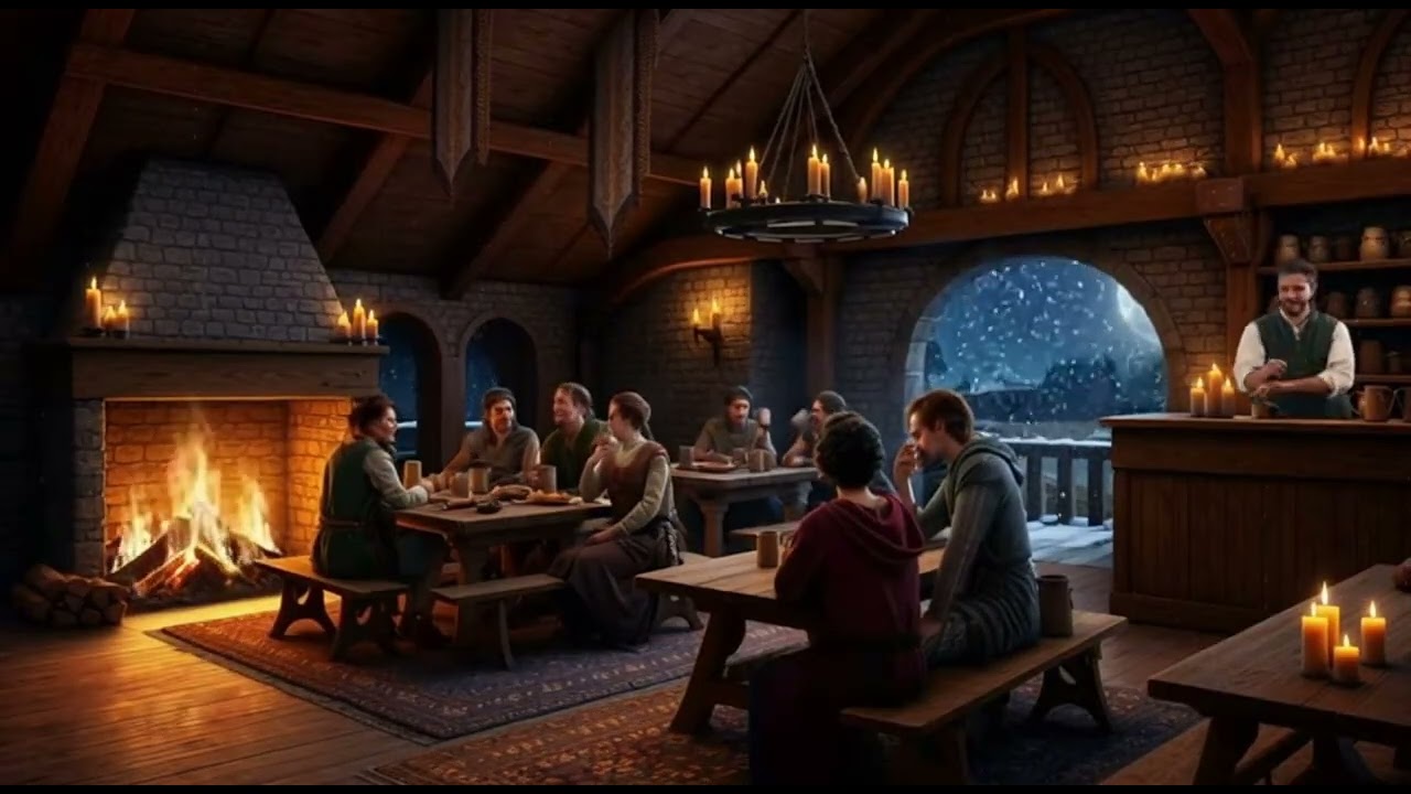 Busy Medieval Tavern Ambience 🍺🔥 | Soft Voices, Fireplace & Snow | 3 Hours