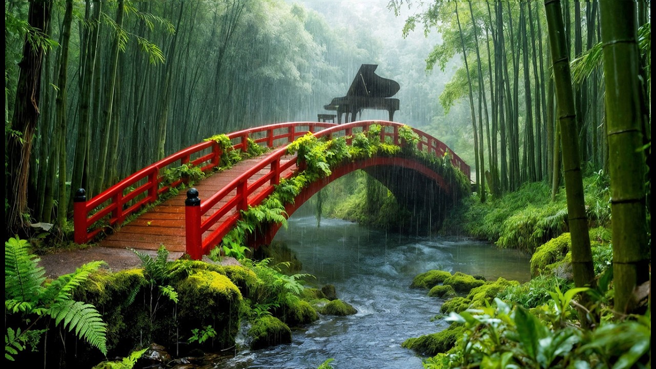 ASMR Rain in Japanese Bamboo Forest & Red Bridge — Relaxing Piano Music for Deep Focus