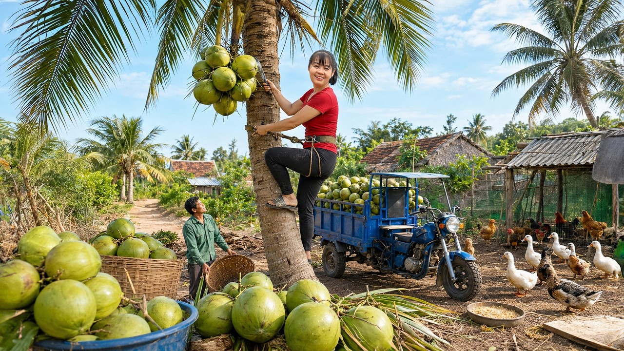 TIMELAPSE -- Harvesting Giant Coconuts Go To Market Sell | Relaxing Farm Life & Poultry Care