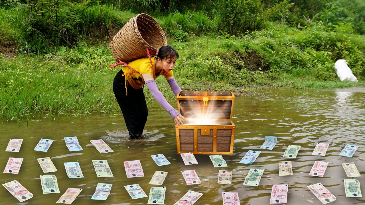 Collecting scrap. Poor Hana was lucky enough to discover a treasure trove containing a lot of money
