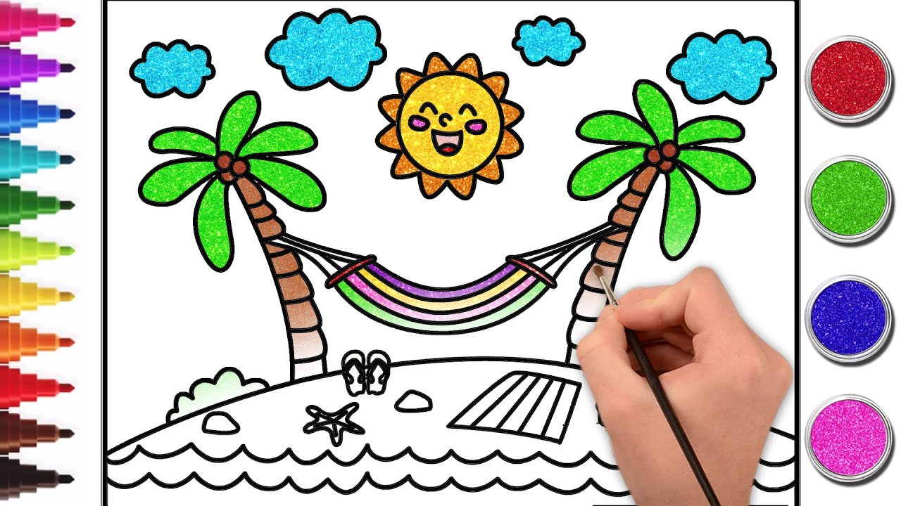 Bonita Playa con palmeras 🏝 Dibujos para niños 🖌️ Chiki Arte