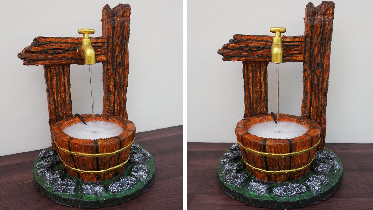 Beautiful Tabletop Indoor Water Fountain Using Styrofoam | Amazing DIY Fake Wood Water Fountain