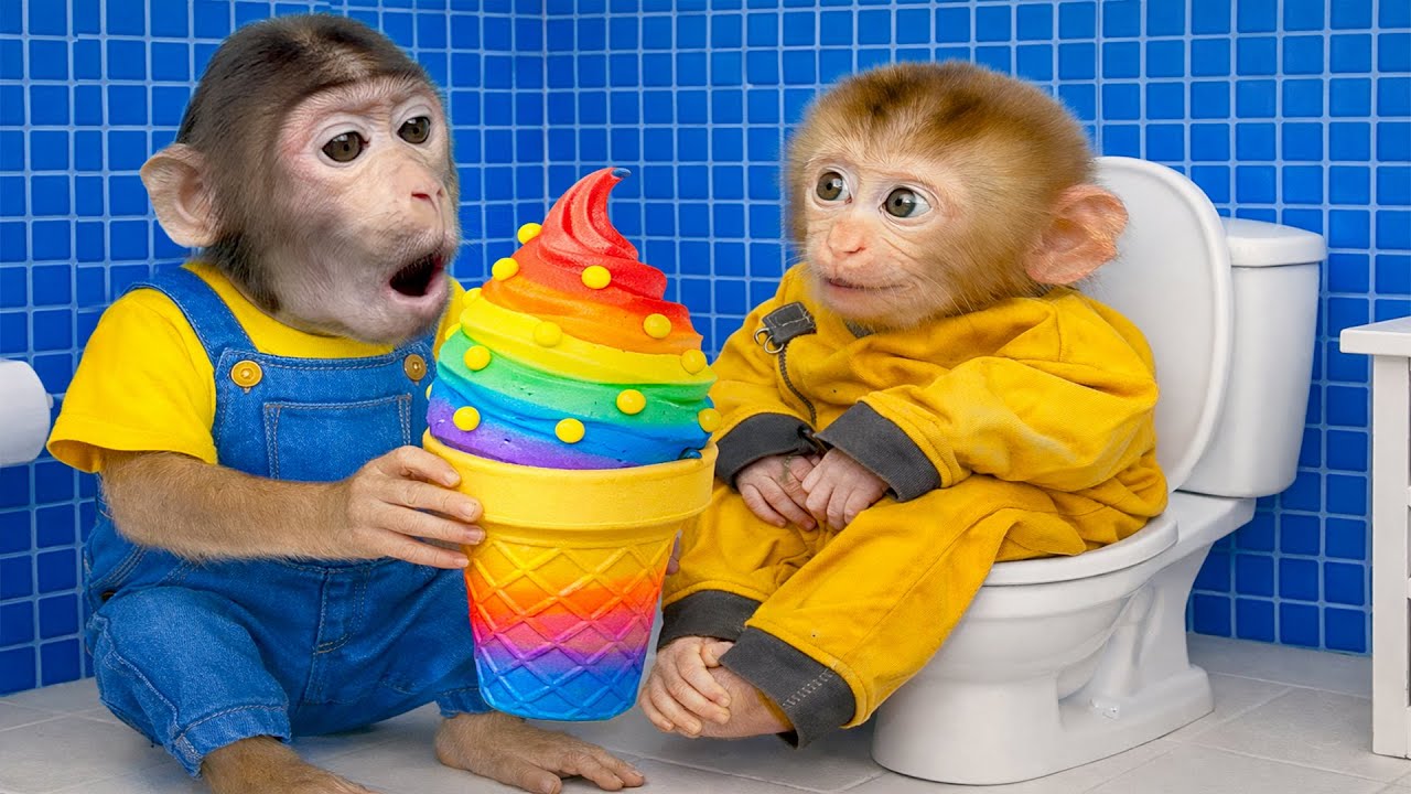 Mono Pepe va al baño y disfruta helado arcoíris con el bebé mono - MONO PEPE ESP