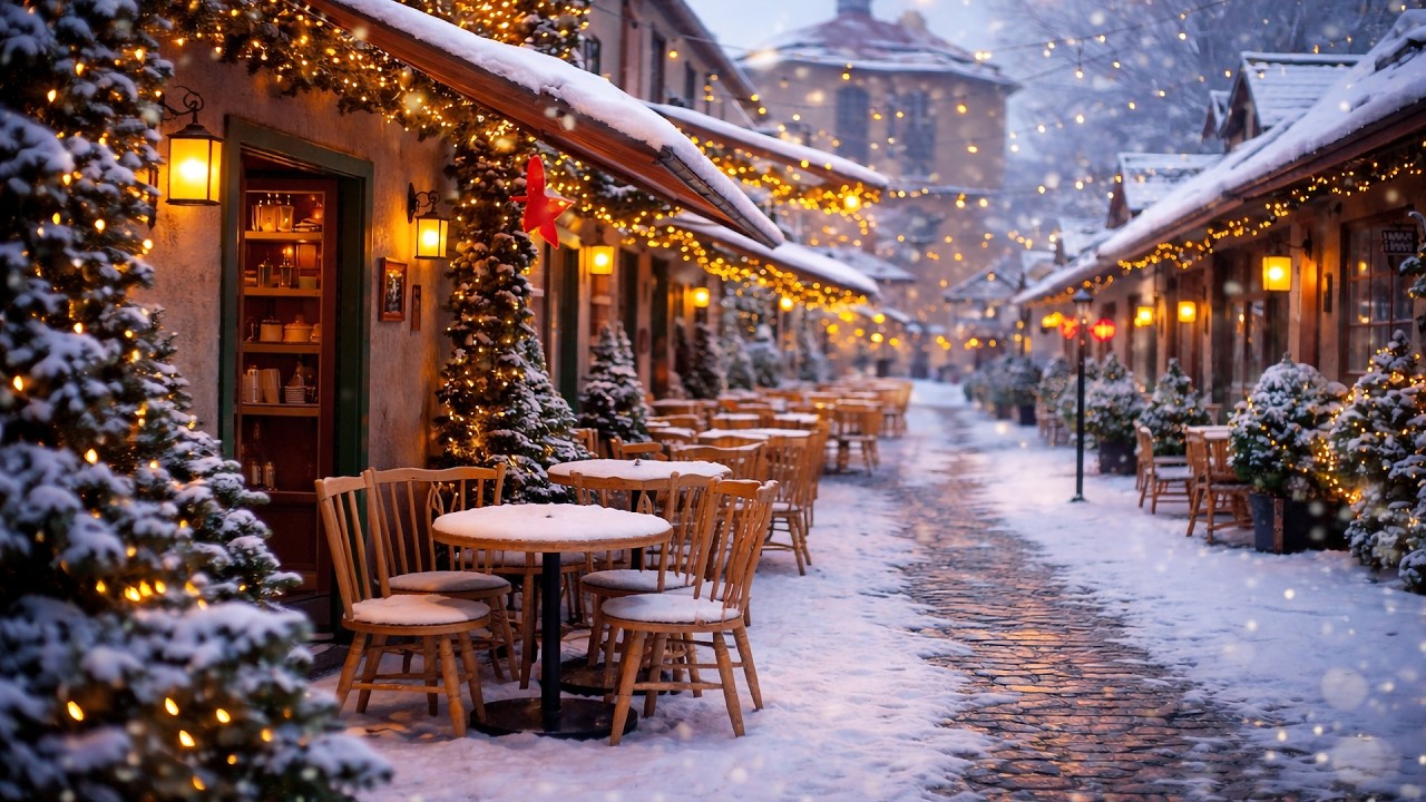 Snowy Cobblestone Street | Peaceful Winter Ambience with Soft Jazz & Festive Cafe Vibes