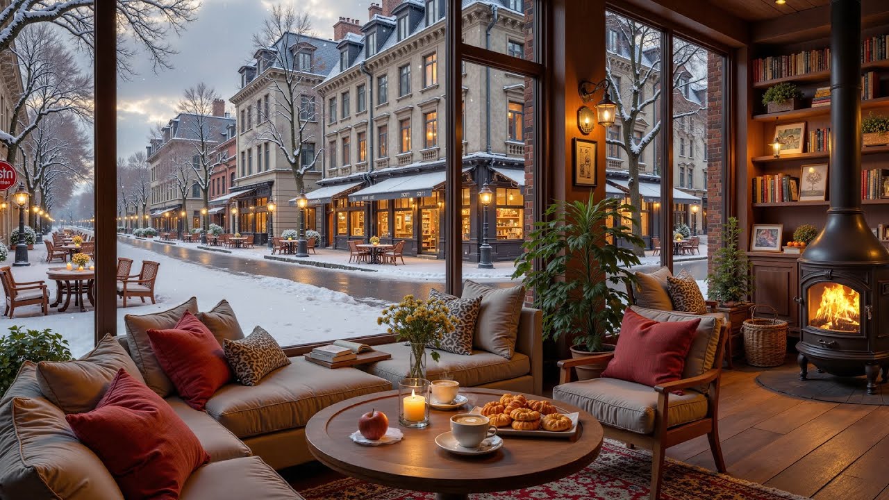 Cozy Winter Street Café ❄️ Warm Fireplace, Snowy European View & Soft Jazz for Relax & Study