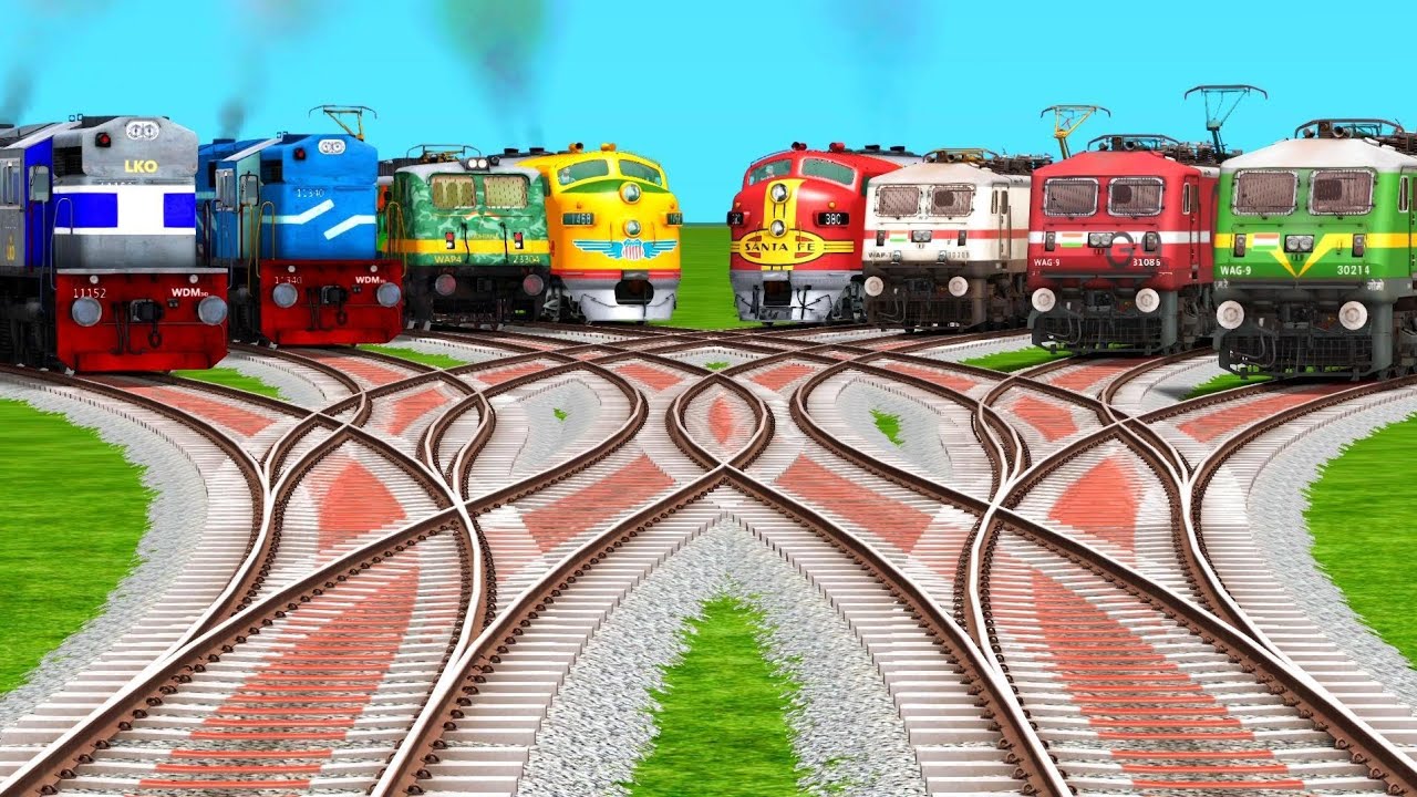 Eight Trains Crossing by Branched Forked Tracks | Realistic Train Simulator | trains crossing games
